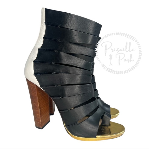 Christian Louboutin Strappy Boot Sandal 38 black White Gold Block Heel - Picture 9 of 14